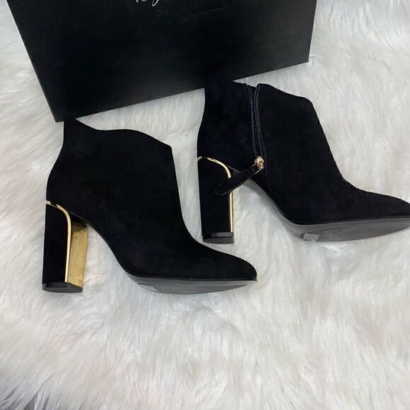 VC John Camuto Black True Suede Booties with Gold Trim - Picture 2 of 14